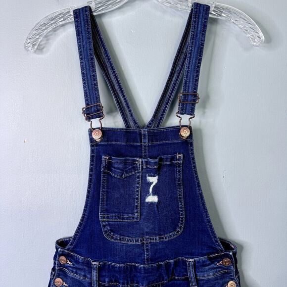 Justice Distressed Dark Wash Denim Bib Overalls Skinny Stretch Girl's Size 16 - Picture 2 of 12